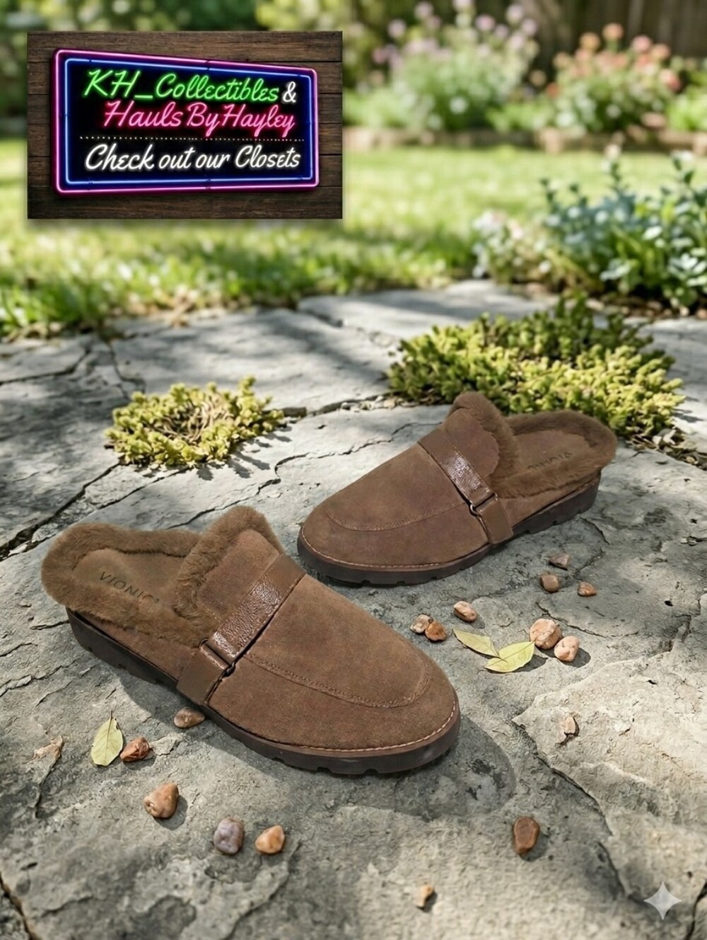 Vionic Kailen Suede Faux Fur Mules Tan Orthotic Lug Sole Size 10 NWOT